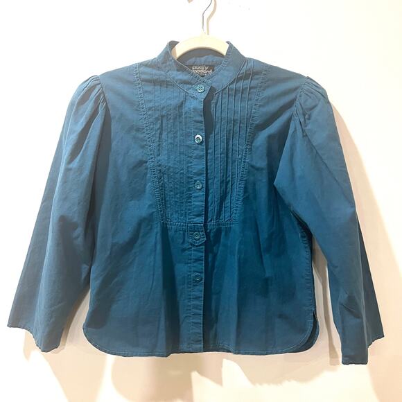 Vtg Patty Woodard 100% cotton button front shirt teal blue small puff sleeve - Picture 1 of 11